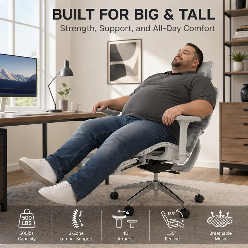 Man reclined comfortably in Airo chair, built for big and tall with 500 lb capacity