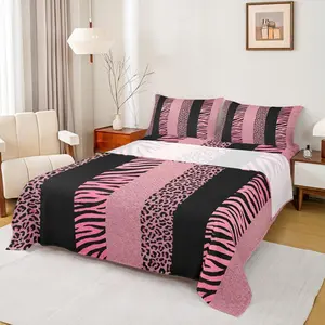 Pink Leopard Print Kids Sheet,Zebra Skin Texture Bedding Set,Girls Boys Adults Room Decor,Abstract Animals Skin Stripes Fashion Romantic Bed Sheet Set,(Fitted + Flat Sheet)