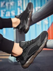 Men's Black-Brown Flyknit Mesh Chunky Sneakers, Cool Dark Style, Flyknit Upper + Mesh Construction + Transparent Platform Sole, Light Cushioned Fit, Low-Key Premium Style , Ideal for Daily Commuting & Street Wear Scenarios, Mesh Casual Sneakers