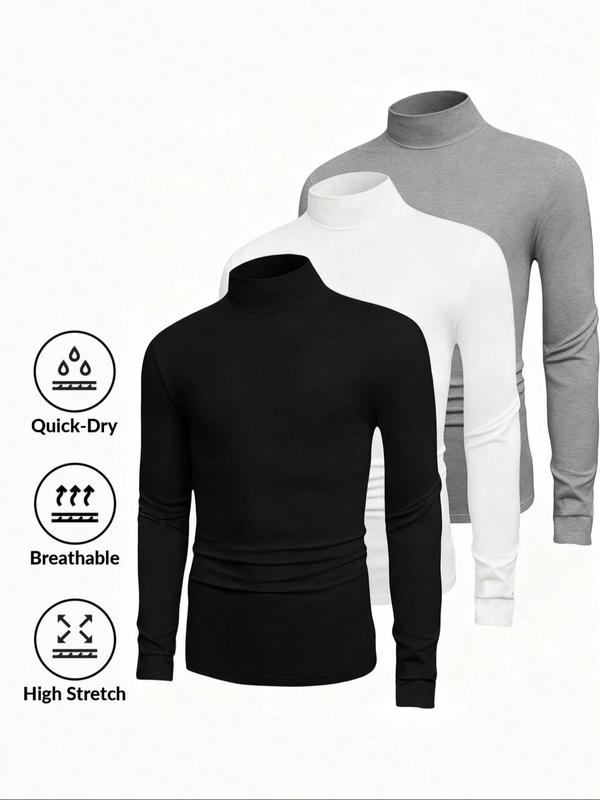 3 Pcs Men's Solid High Neck Long Sleeve Casual T-Shirt, Mens Spring&Fall Base Shirt, Men Turtleneck, Mock Neck Men, Casual Tops Men
