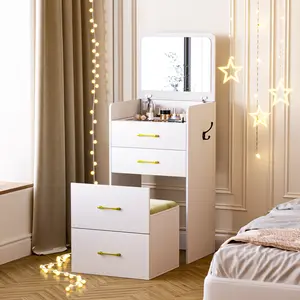 3 in 1 design】vanity, nightstand and chair are combined into a compact corner vanity-nightstand all in one. The vanity table also comes with a flip-up mirror, which flips open to be a simple vanity and closes to be a nightstand with great storage space.