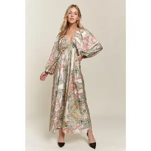 ADORA Printed V-Neck Batwing Sleeve Dress