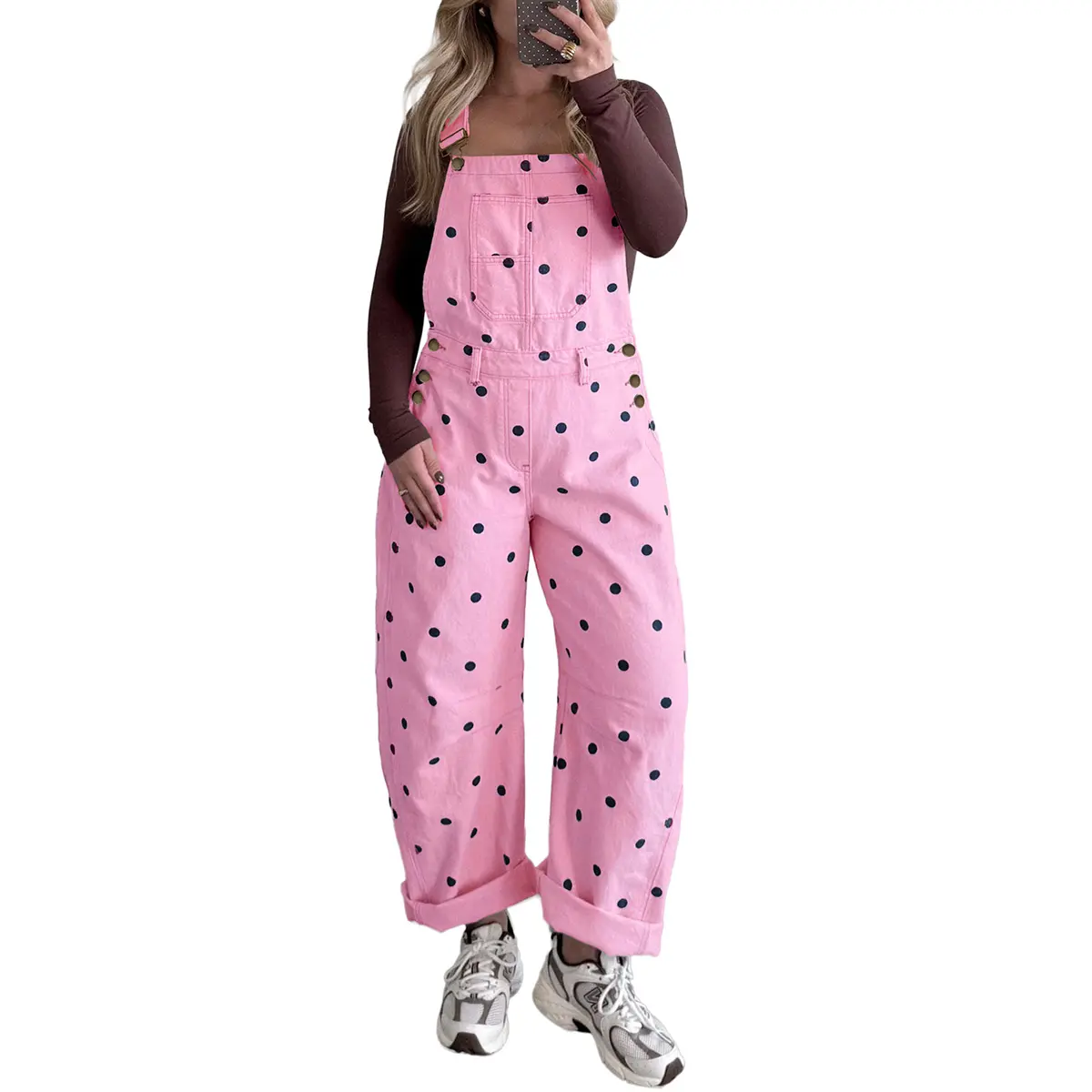 Mntaor Women’s Chic Polka Dot Denim Overalls - Pink Barrel Leg Bib Pocket Jumpsuit, Ideal for Sunny Day Outings