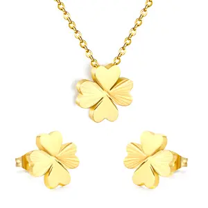 French Style Elegant Four-Leaf Clover Jewelry Set, Tarnish-Free Stainless Steel for Daily Wear