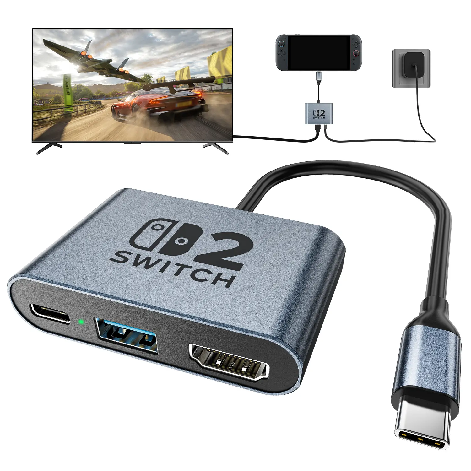 Switch 2 Dock, Portable TV Docking Station for Nintendo Switch 2/Switch, USB C to HDMI Adapter with 4K@60Hz, 100W PD Charging Port, USB 2.0, Compatible with Steam Deck ROG Ally Legion Go,tv console