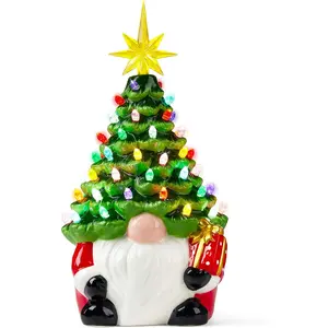 12" Gnome Ceramic Tree, Light up Tabletop Xmas Decor with 60 LED Lights, Ceramic Tree with Christmas Themed Design, Xmas Holiday Indoor Office Table Fireplace Decoration