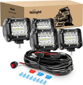 Nilight  4PCS 4Inch 60W Triple Row Flood Spot Combo 6000LM LED Pods Light Bar Driving Boat Led Off Road Lights with 16AWG Wiring Harness-4 Leads