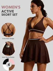 Women's Deep V Two-Piece Tennis Set, High Support Sports Bra with Pocket Skirt, Cute Gym Golf Short Skirt Set, Ideal for Running, Fitness, Workout Sets, Workout Sportswear, Fitness Outfits
