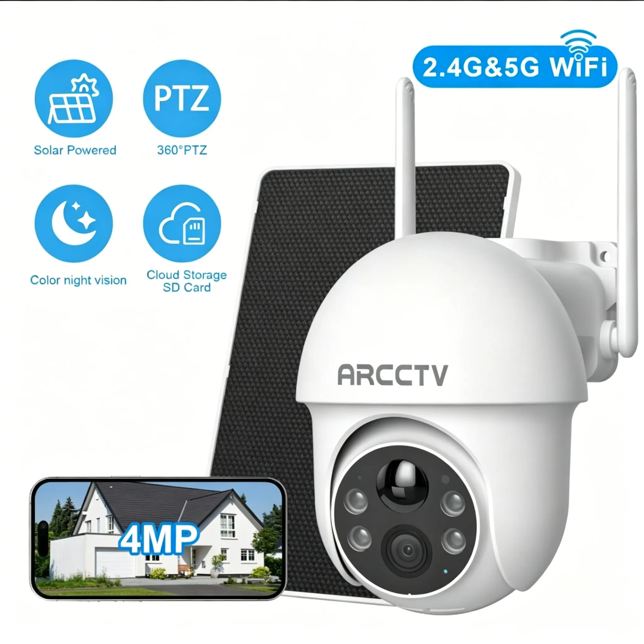 ARCCTV 4MP Security Camera Wireless Outdoor,2.4G&5G WiFi,Solar CCTV Camera,360° View,Smart Siren,Color Night Vision,Human Detection,2-Way Talk,APP Remote, Rechargeable Card Adjustable
