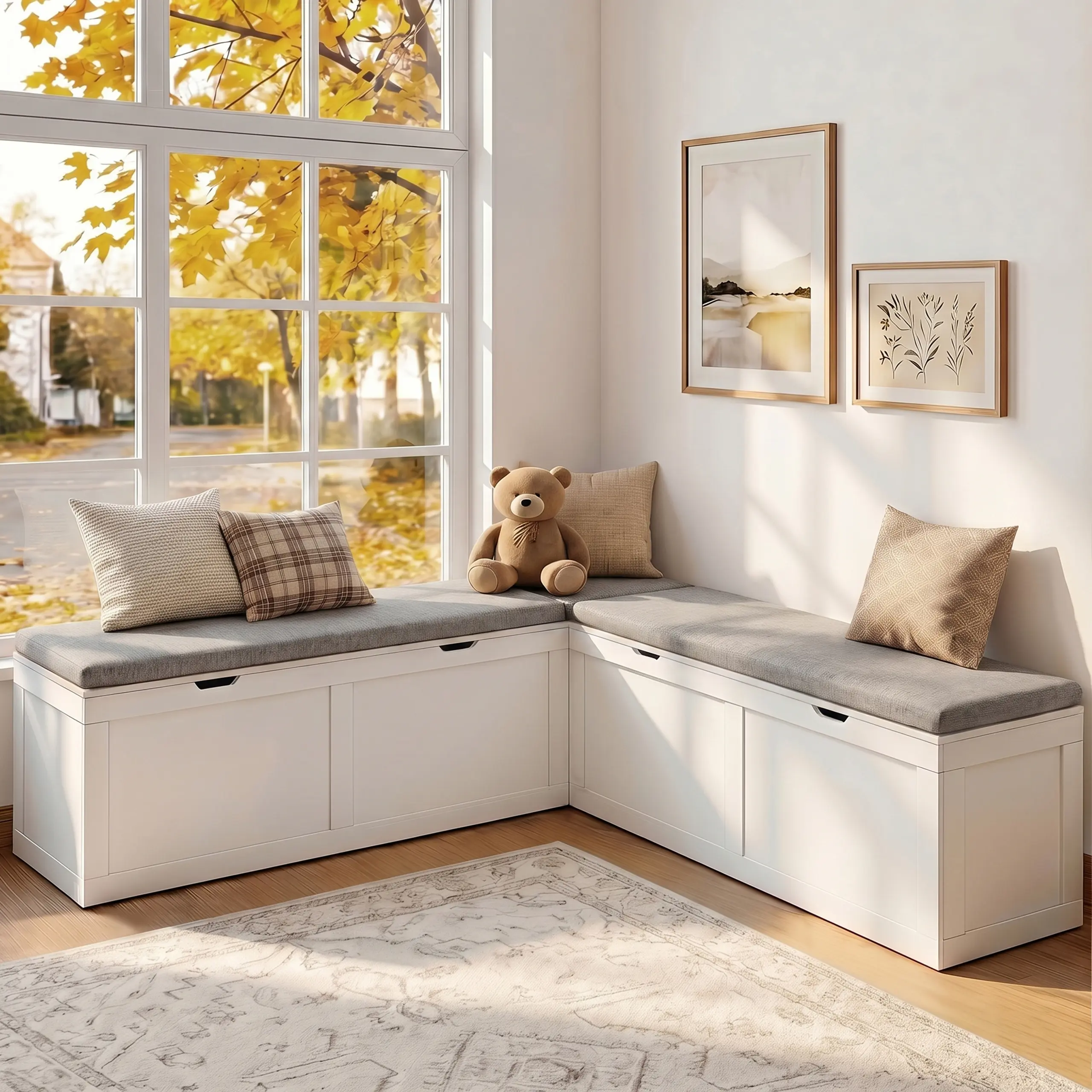 63 Inch L Shaped Storage Bench with Hidden Storage, Space-Saving Corner Breakfast Nook Bench for Kitchen Dining Room Entryway, L Shape Corner Bench with Oak Wood Seat
