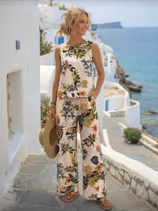 Fashionable Cotton Linen Casual Printed Two-Piece Set, Stylish Comfortable Breathable for Daily Wear, Everyday, Trendy Women's Clothing