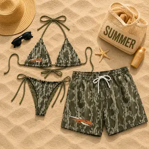 Sitka Olive Camo Matching Couples Swimwear Set with Outdoor Tree Bark Pattern Graphics Adjustable Womens Tie Side Thong Bikini & Mens Beach Swim Shorts Hawaiian Style Summer Vacation Beachwear