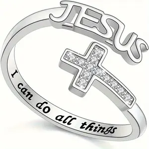 One Glass Crystal Inlaid Cross Ring, Engraved with "I Can Do All Things" - Fashionable Zinc Alloy Religious Jewelry Gift, Suitable for Women and Girls Aged 15 and Above - Unplated Jesus Theme Ring (1 Piece, Faith Accessory, Minimalist Design, Fashionable