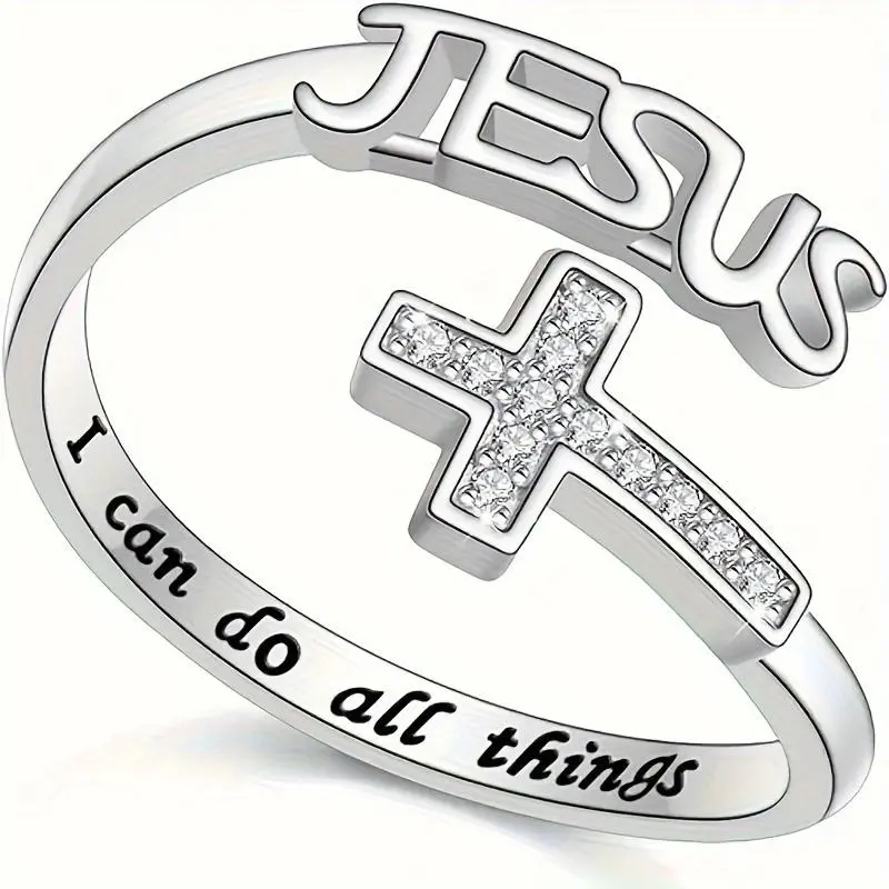 One Glass Crystal Inlaid Cross Ring, Engraved with "I Can Do All Things" - Fashionable Zinc Alloy Religious Jewelry Gift, Suitable for Women and Girls Aged 15 and Above - Unplated Jesus Theme Ring (1 Piece, Faith Accessory, Minimalist Design, Fashionable