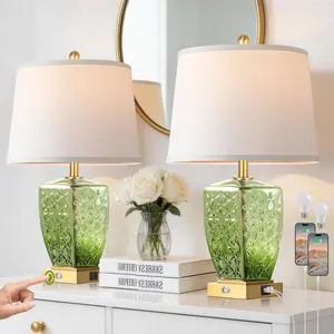 Glass Table Lamps for Living Room, Modern Bedside Lamps for Night Stands with USB A+C Ports, 3-Way Dimmable Touch Lamp for Bedroom Set of 2 with White Linen Shade Home Decor, Green