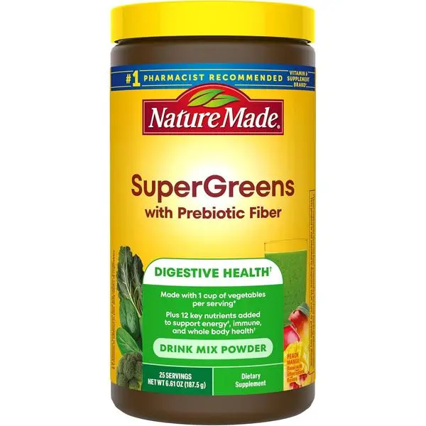 Nature Made Super Greens Powder with Prebiotic Fiber Drink Mix, Made with 1 Cup Veggies Per Serving, Fiber Supplement + Vitamins and Minerals, 25 Day Supply