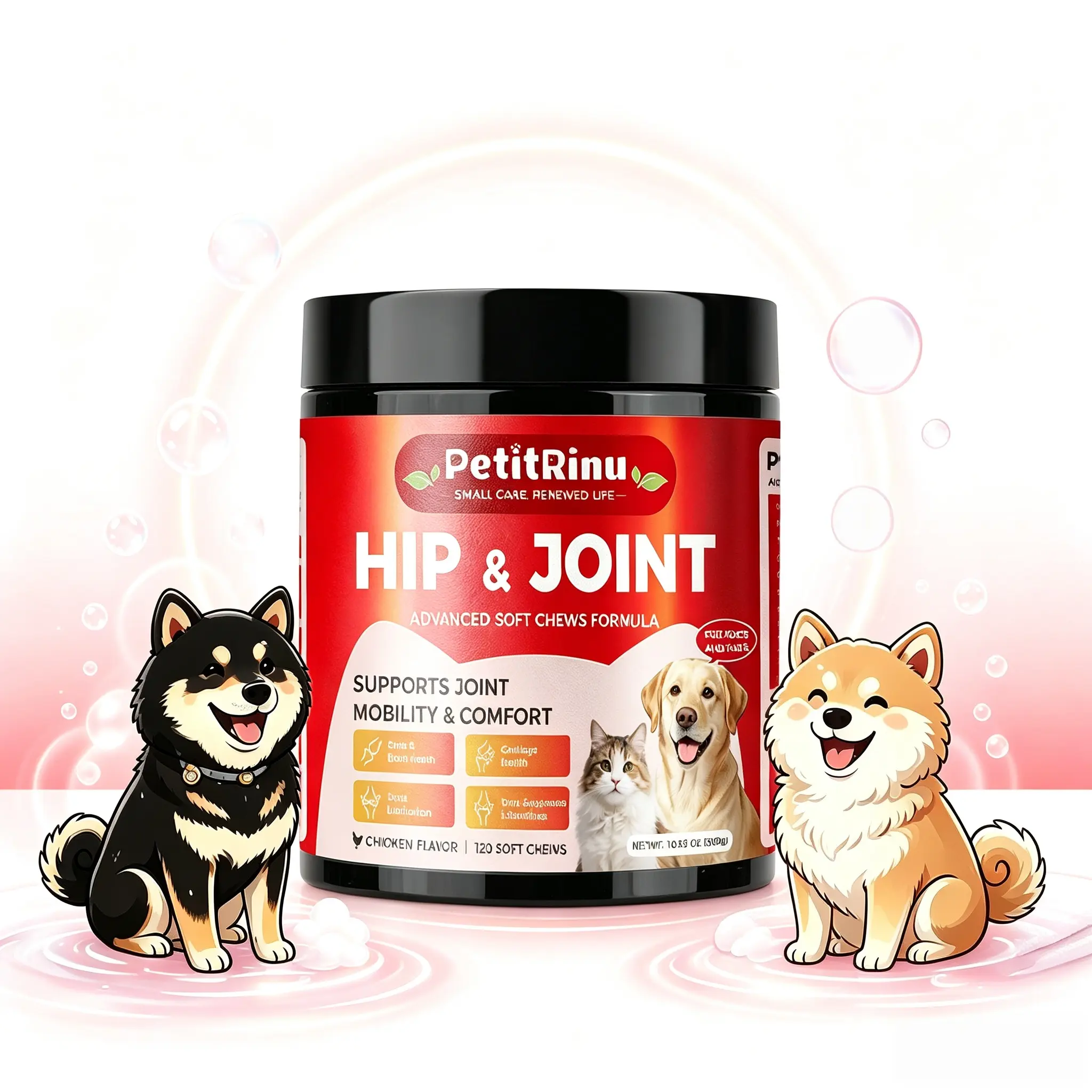 PetitRinu Hip & Joint Soft Chews for Dogs & Cats, Glucosamine & Chondroitin Joint Support, Chicken Flavor, 120 Count