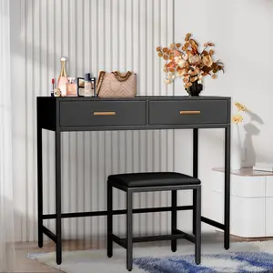 White / Black Vanity Desk and Stool Set With 2 Drawers Makeup Vanity Computer Desk Home Office Desk