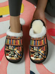 Cute Kawaii Animal Turtle Print Cotton Slippers Fashion Fluzzy Flurry 2025 2026 Fall & Winter New Home Indoor Outdoor Slipper, Casual Textile Shoes, Less Than Ankle Height