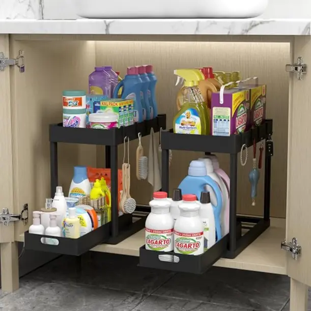 2Pack 2-Tier Under Sink Organizers with Sliding Drawers ,Multi-use Kitchen & Bathroom Storage, Black Cabinet Organizer, Space-saving Sliding Drawer Design