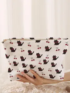 Cat Print Makeup Bag, Cartoon Style, Cute Lightweight Multifunctional Fashion Cosmetic Bag, Handheld Cosmetic Pouch, Makeup Storage Organizer, Travel Makeup Organizer, Suitable for Various Occasions