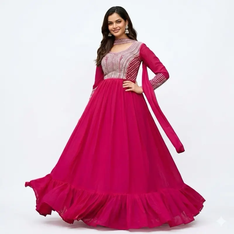 Long Shiny Georgette Dress from Indian Pink Color with Elegant Design Womenswear Summer Original