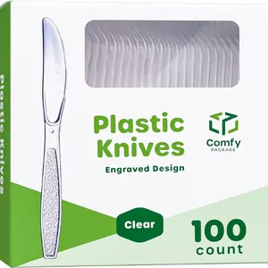 [100 Pack Clear Plastic Knives Heavy Duty with Engraved Design - Plastic Knives Disposable, Sturdy Plastic Silverware for Parties, Weddings, and Events