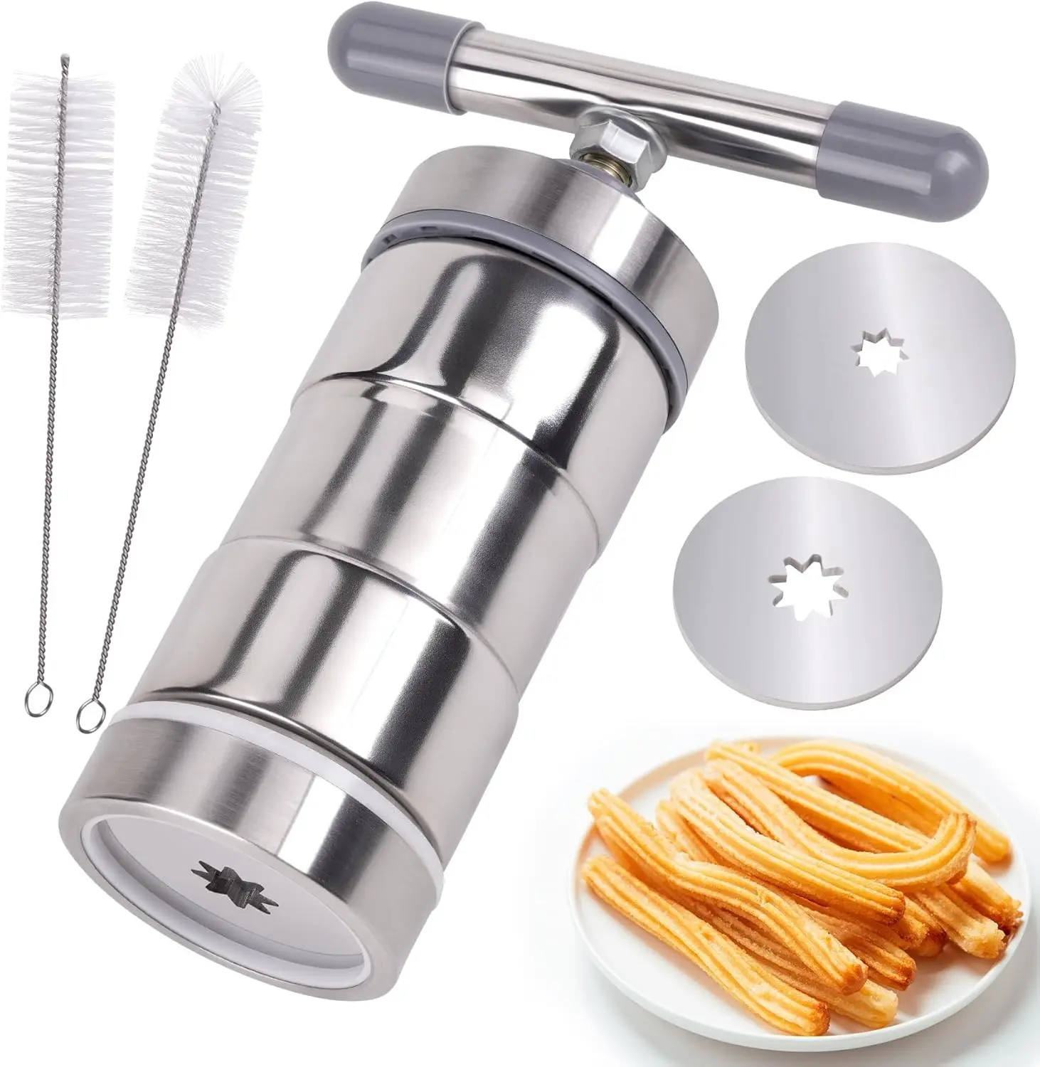 2-Nozzle Stainless Steel Kitchen Churro Maker Kit, Handy Utensils for Home DIY Fry Use, Effort-Saving Detachable Set with Brushes, Easy to Use and Clean