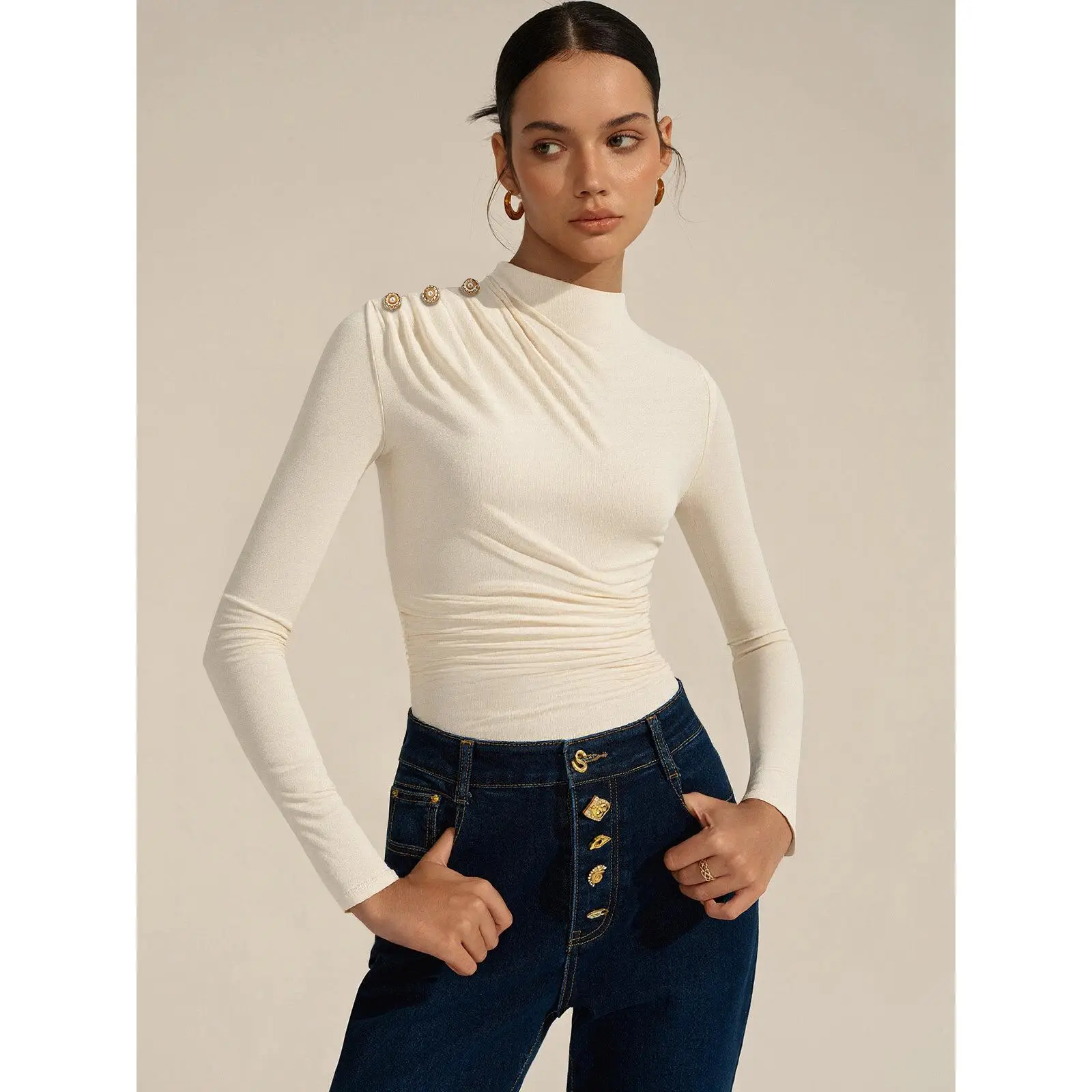 Ruched Shoulder-Decor Long Sleeve Bodysuit