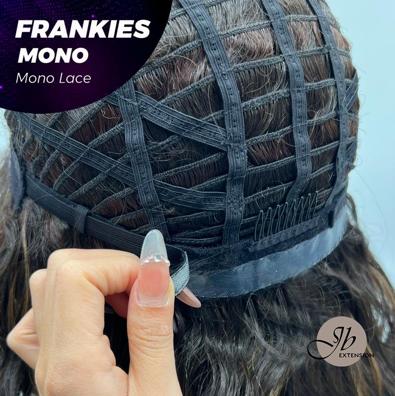 JBEXTENSION FRANKIES MONO Monofilament Handmade Wig 6X5 Full Monofilament Hand Tied Top Wig 19 Inches Dark Brown Highlight Curly Mono Lace Handmade Futura Fiber Glueless BS Wig FRANKIES MONO【BENDY EAR TABS】