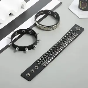 3pcs Spiked Studded Bracelets Set Punk Leather Set Black Gothic Steampunk 80sRivets Bracelet Cuff for Men Women Biker Hip Hop Vintage Halloween Accessories Jewelry