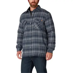 Dickies Sherpa Lined Flannel Shirt JKT Dark Navy/Dark Denim Plaid Fitted Long Sleeve Casual Preppy Autumn Medium Length DWR Technology
