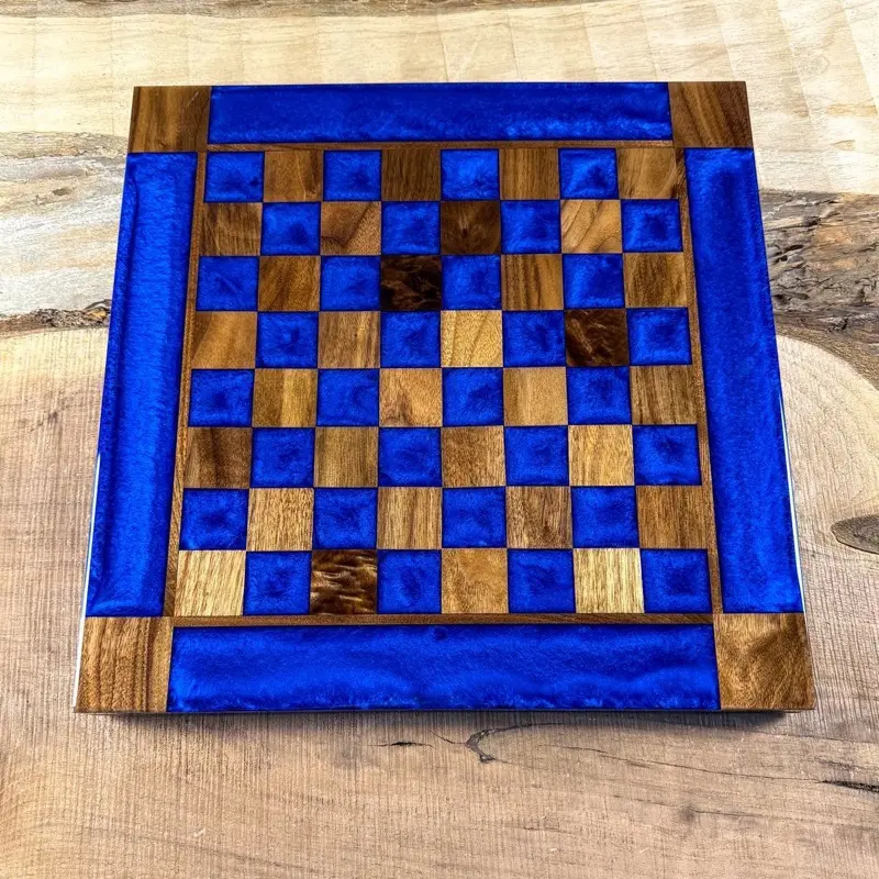 Black Walnut Deep Blue Chess Board Handmade with Pieces 16x16in Epoxy Resin Tabletop Game for Tournament Players
