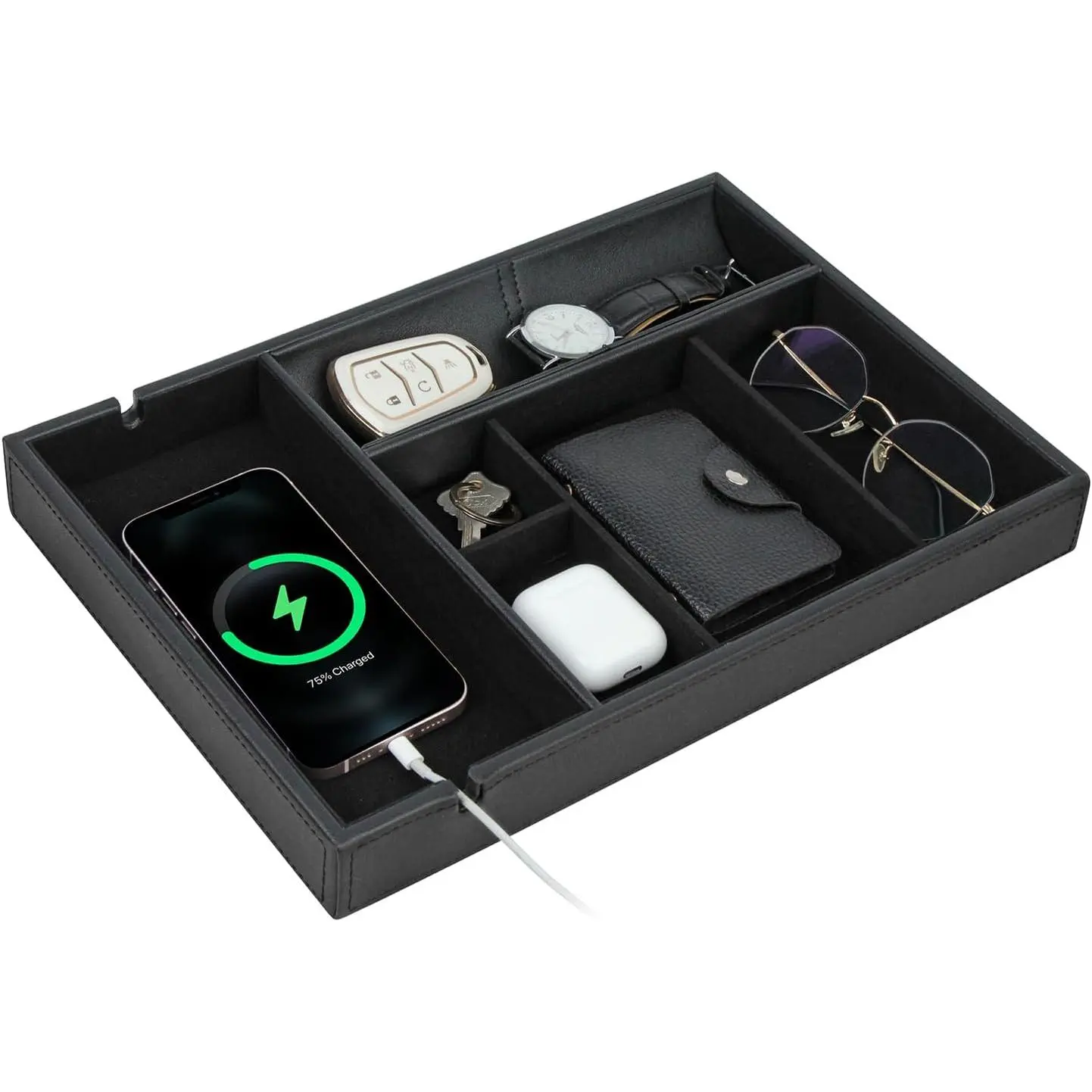 Faux Leather Valet Tray for Gift Nightstand Organizer Decorative Dresser Box with Phone Charging Station Holder  Storage Catchall Men and Women (Black Organizer)