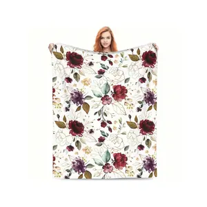Vintage Burgundy Floral MaroonBlanket Soft Throw Blanket Couch Bed Sofa Cozy Flannel Blanket Throw Blankets Women Men Gifts Travel Blanket All Seasons 50x40, Birthday Mother's Day Size 70x140cm/27. 56x55. 12 In
