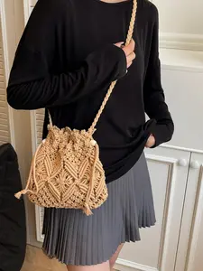 Bohemian Style Woven Straw Bag, Plain Design Crossbody Bucket Bag, Hollow Out Beach Bag, Perfect for Vacation, Commute, Shopping