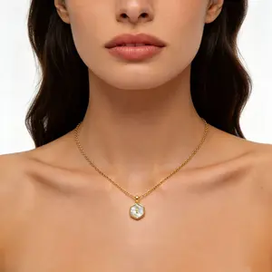 Women's Cross Necklace - Stainless Steel Oil Drop Cross Pendant with Mother of Pearl Accent, Vintage Adjustable Hexagon Chain, Casual Elegant Daily Fashion Jewelry