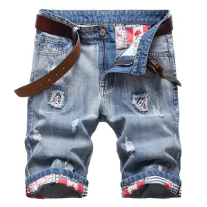 Men's Ripped Distressed Denim Shorts Moto Biker Jeans Shorts with Broken Hole