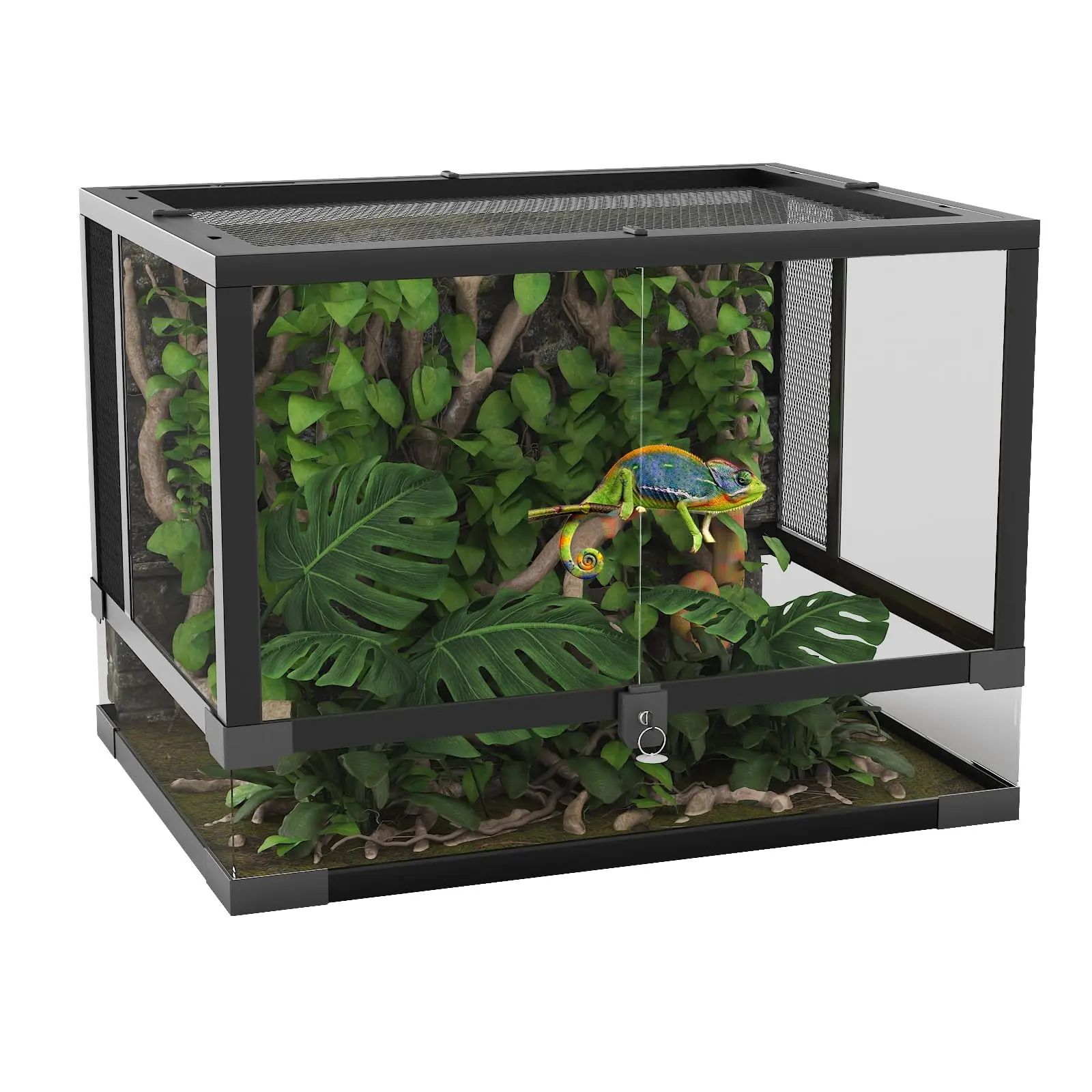 24"x18"x18" Reinforced Front-Opening Enclosed Reptile Glass Terrarium with Front Door, Glass Panels, Mesh Top & Lock, Vertical Arboreal Enclosure for Jumping Spiders, Small Geckos, Vertical Layout