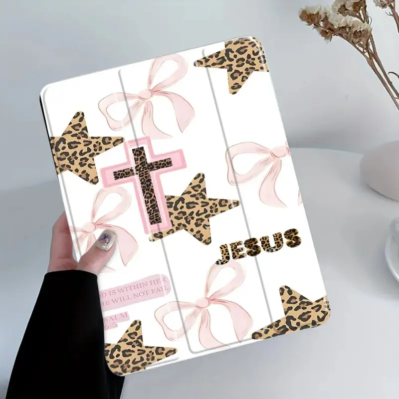 Psalm 46:5 Leopard Print Religious Cross Tablet Case with Pencil Slot| Foldable Trifold Stand Protective Cover Compatible with iPad Mini/Air/Pro 4/5/6/7 (2017-2023)
