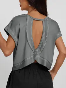 Women's Spring Summer Back Cutout Criss Cross Design Elastic Drop Shoulder Top, Hollow Back Activewear Casual Short Sleeve Fitted Tee for Gym Outdoor Running