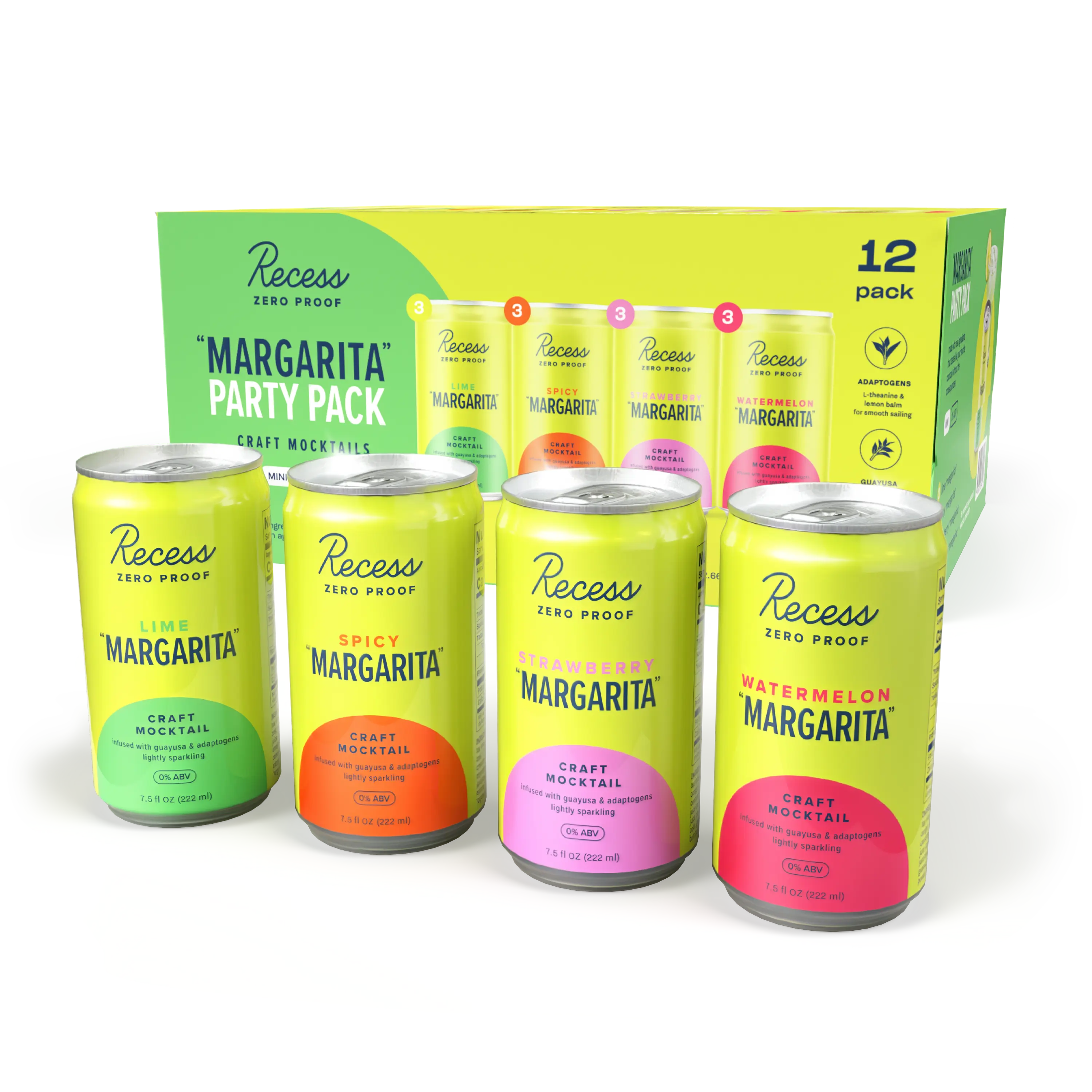 Recess Zero Proof “Margarita” Party Pack Mini Cans, Alcohol Free Drinks, With Adaptogens, Non-Alcoholic Beverage Replacement, Mixer, Celebration “Margarita” Party Pack, 7.5oz, Pack of 12