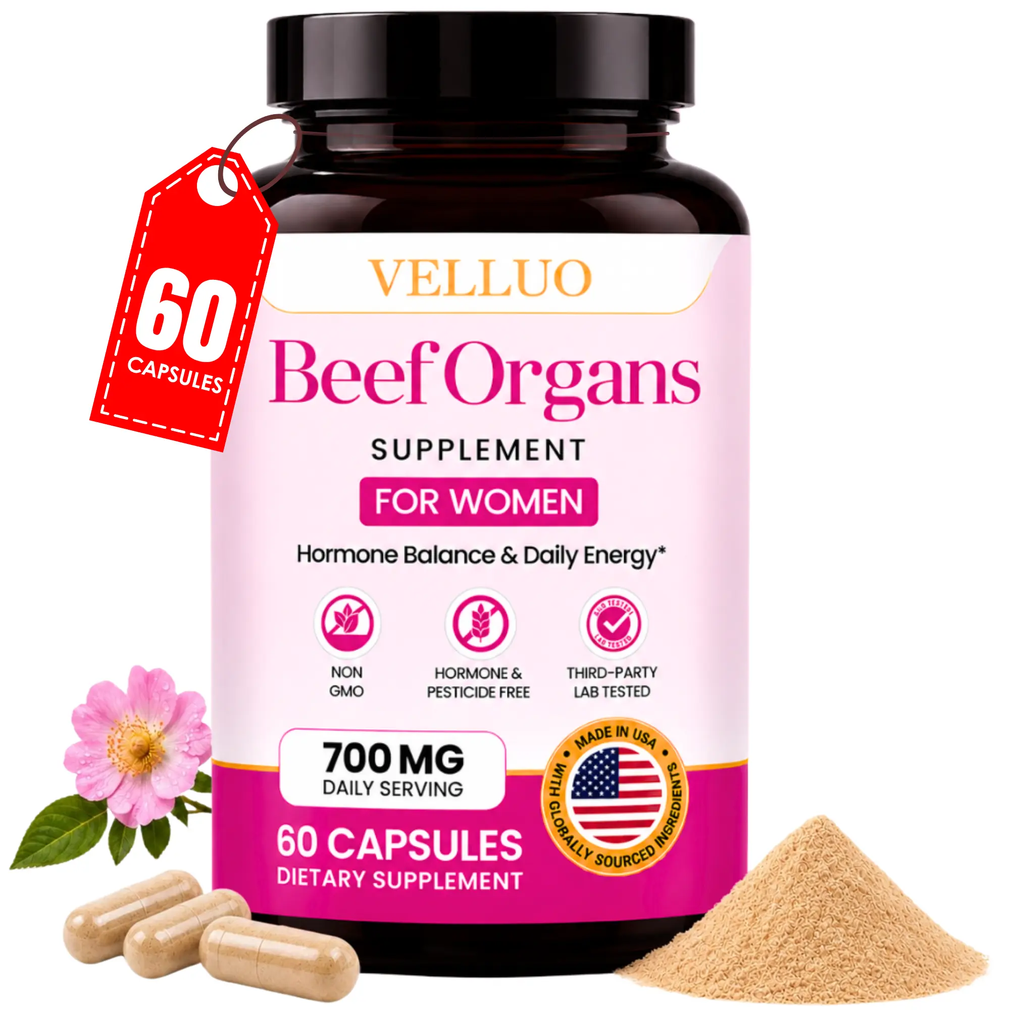 Beef Organ Supplement for Women – Supports Hormonal Balance, Cycle Wellness & Energy – 100% Grass-Fed Organ Complex with Liver, Kidney, Heart, Uterus & Ovary | B12 Iron CoQ10 Vitamin A Zinc | USA-Made & 3rd Party Tested | NON-GMO| 60 Capsules
