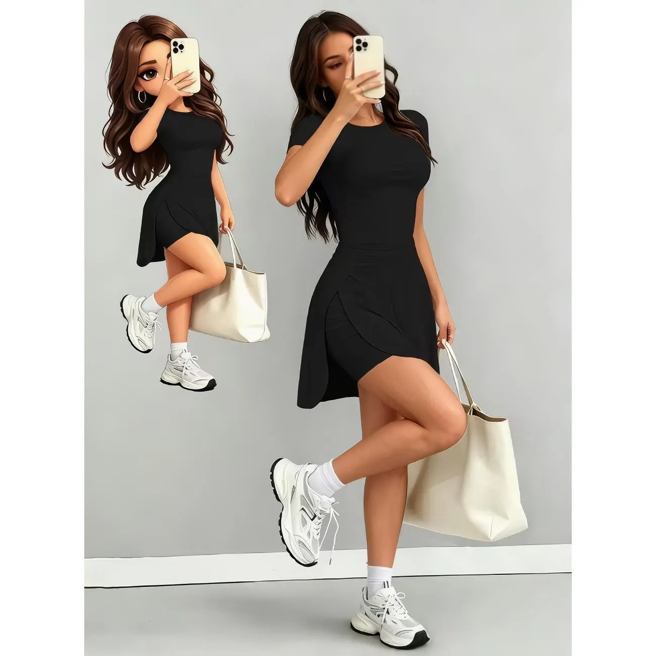 Women Summer New Solid Color No Print Slim Casual Versatile Skinny Short Sleeve Crew Neck T Shirt And High Waist Skort 2 Piece Matching Outfit Set