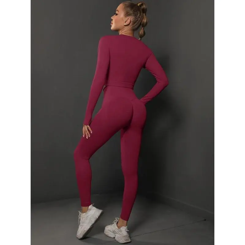 Women's Solid Long Sleeve Crop Top & High Waist Leggings Tracksuit Set, Casual Comfy Breathable Outfits for Yoga Gym Workout Running, Ladies Sportswear for All Seasons Women's Solid Long Sleeve Crop Top & High Waist Leggings Tracksuit Set, Casual Comfy Breathable Outfits for Yoga Gym Workout Running, Ladies Sportswear for All Seasons