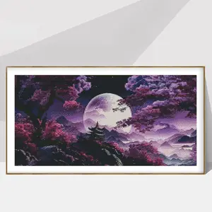 Tree & Moon Pattern Cross Stitch Kit without Frame, DIY Painting Cross Stitch Needlework Set, Living Room Art Craft, Home Wall Decor, Embroidery Craft, Hand Embroidered