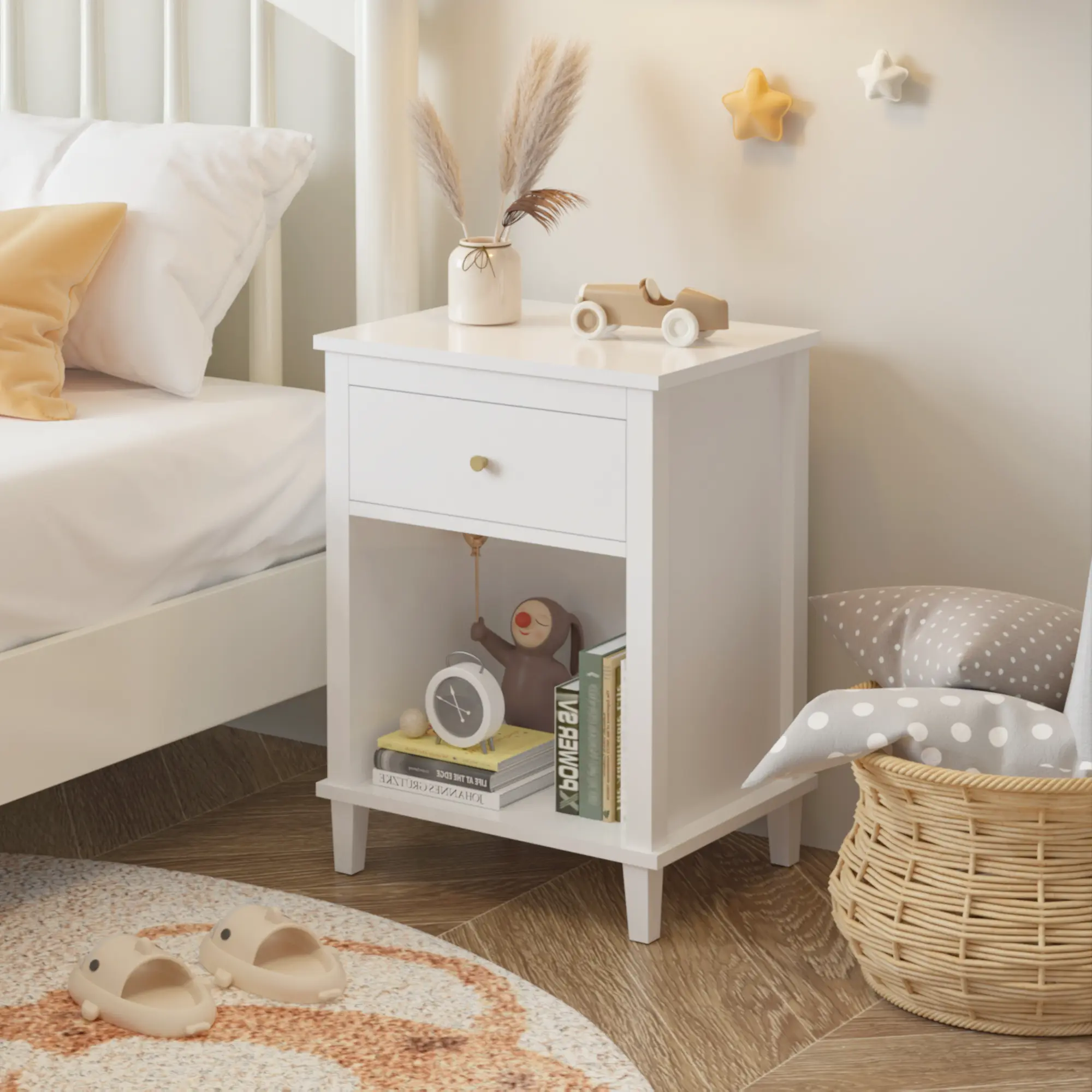 Spaco Contemporary Drawer-Equipped Child-Friendly Wooden Nightstand - 26.77 in Tall, 1 Drawer, 1 Shelf, Gray Finish, Silver Metal Handle for Adult Bedrooms, Drawer-Equipped Bedside Tables, Child-Friendly Bedside Tables