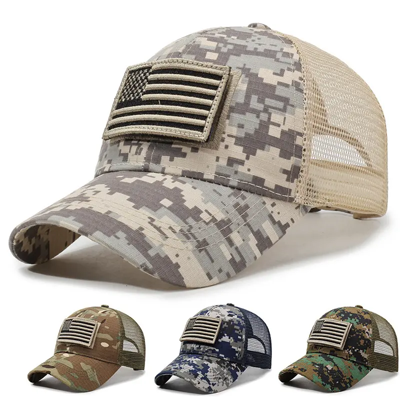 Men’s Tactical Military Patch Trucker Hiking Hat - Embroidered US Flag, Camouflage Print, Adjustable Size, Mesh Breathable, Sun Protection for Outdoor Sports, Casual Wear, Mens Hats