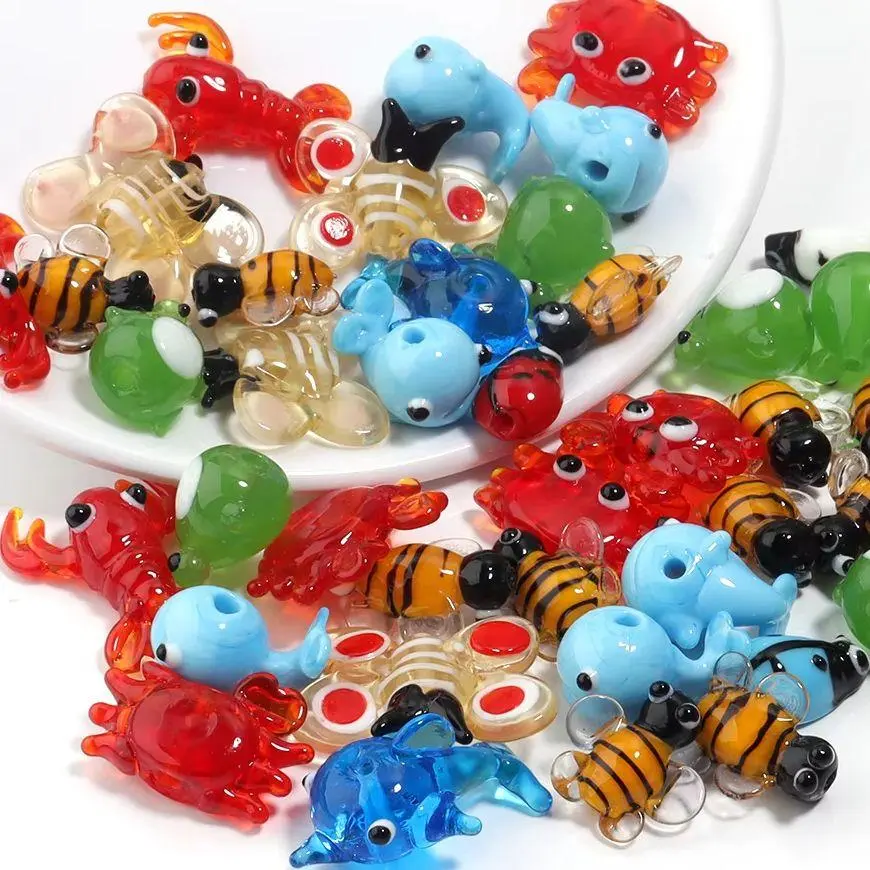 2-10Pcs/Lot Cute Animal Glass Beads Lampwork Loose Spacer Beads Crab Frog Lobster Beads For Jewelry Making DIY Accessories