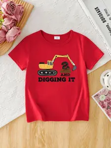 Toddler Boy's Cartoon Excavator Print Round Neck Tee, Funny Graphic Tee, Casual Short Sleeve T-shirt for Summer, Kids Clothes for Daily Wear